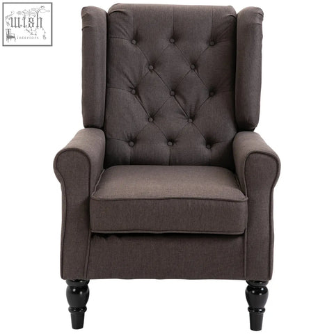 Dark gray retro accent chair with frame button tufted wingback design and black wood legs for living room use