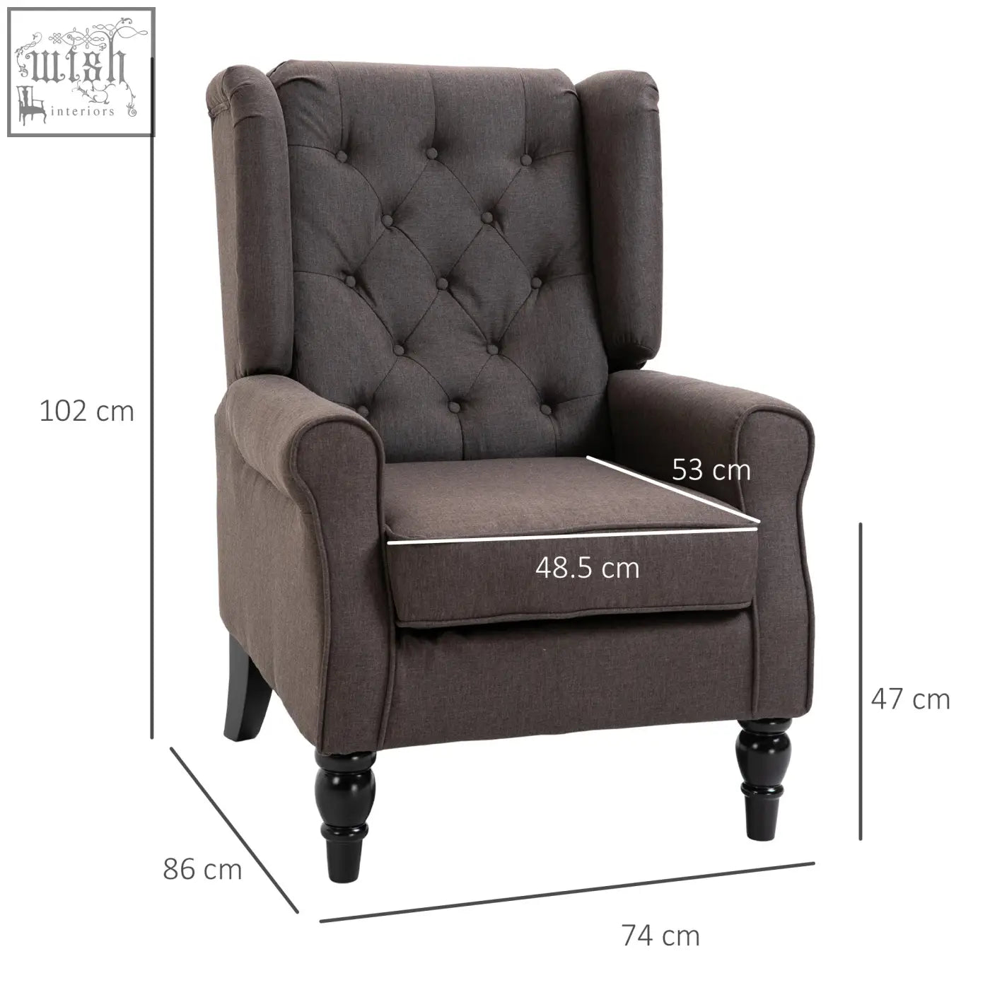 Dark gray retro accent chair with black wooden legs and frame button tufted design for living room or bedroom