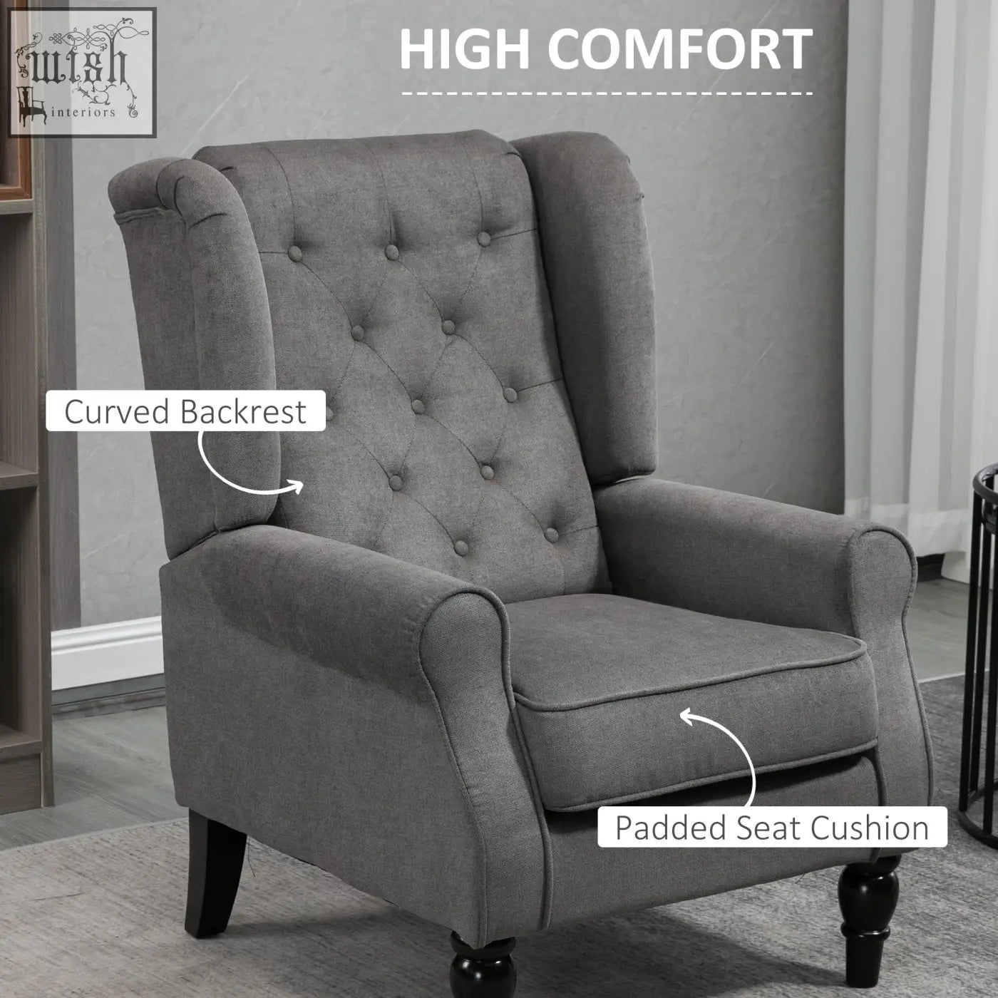 Gray tufted wingback accent chair with wooden frame and padded seat cushion in dark grey for living room or bedroom