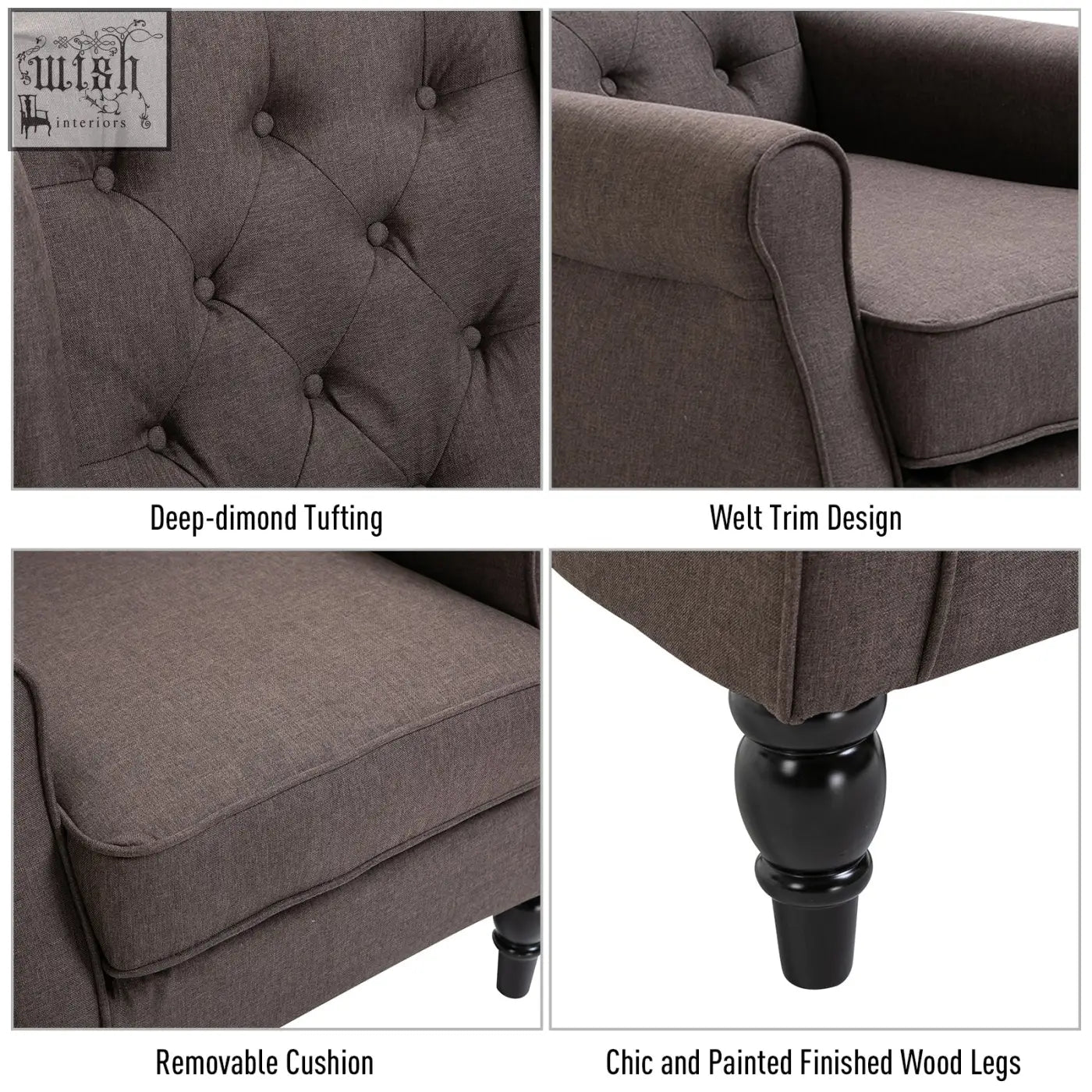 Dark gray tufted accent chair with removable cushion and painted wood legs retro frame button tufted design