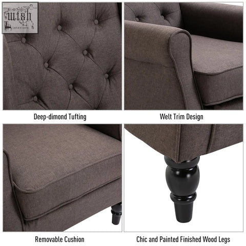 Dark gray tufted accent chair with removable cushion and painted wood legs retro frame button tufted design