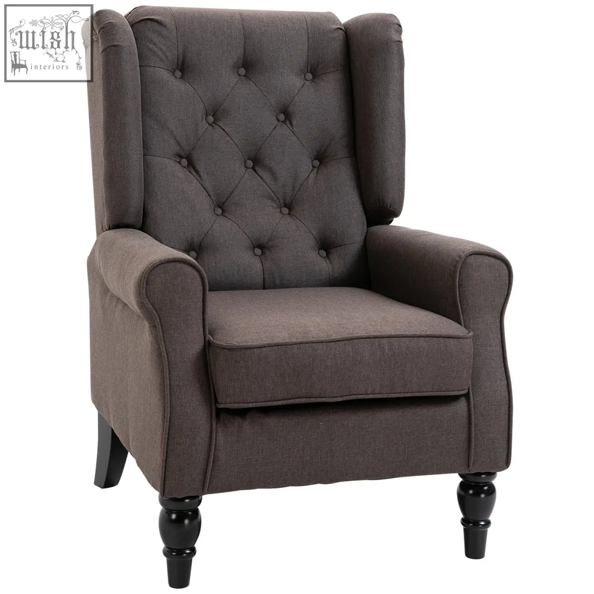 Dark gray tufted retro accent chair with black wooden legs and frame button tufted design for living room use