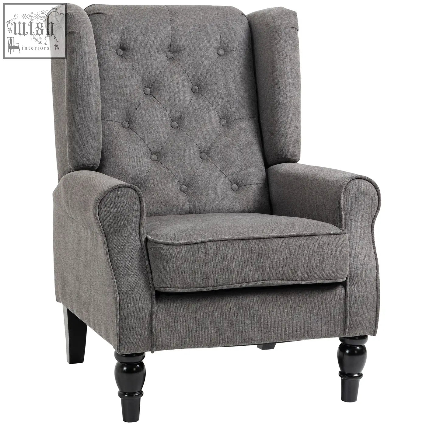Gray tufted wingback accent chair with black wooden legs in dark grey perfect for floor height living room use