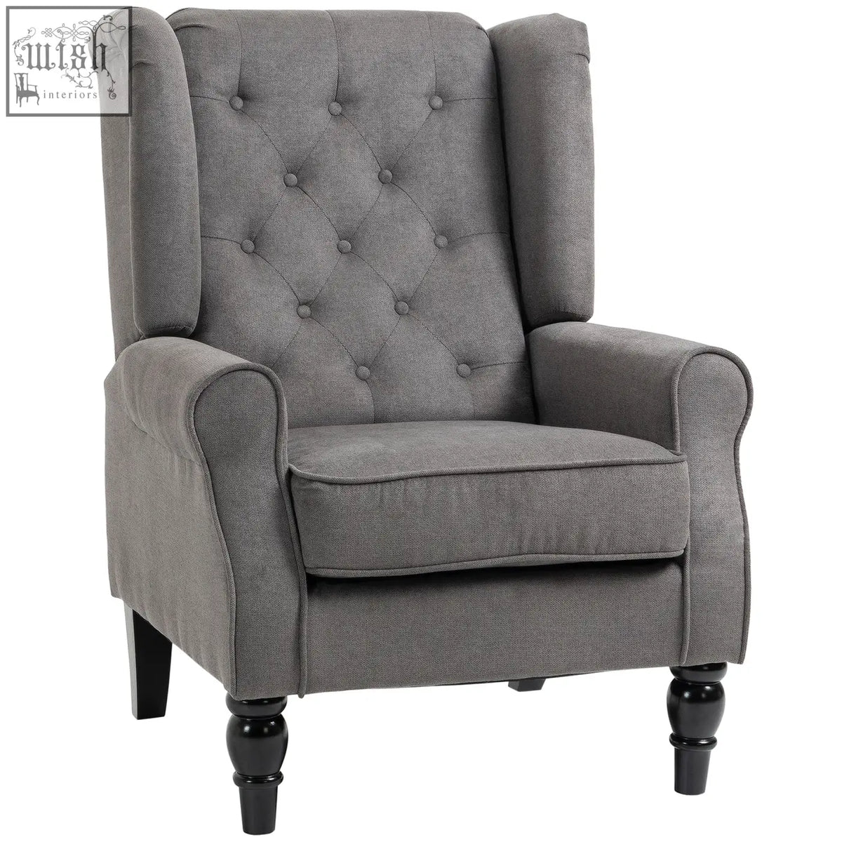 Gray tufted wingback accent chair with black wooden legs in dark grey perfect for floor height living room use