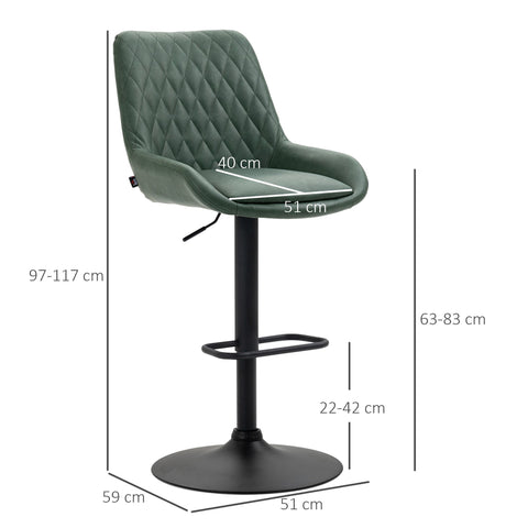 Dark green quilted faux leather bar stools set of 2 with adjustable height and black metal base for kitchen use