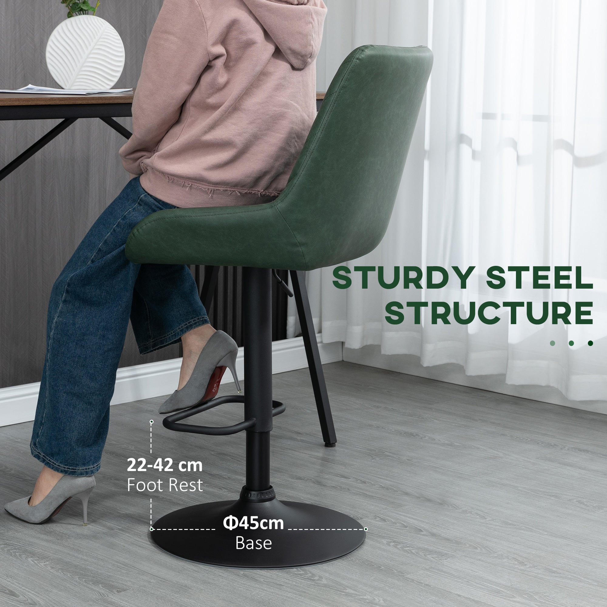 Green upholstered bar stool with black steel base and adjustable height featuring faux leather upholstery for kitchen use