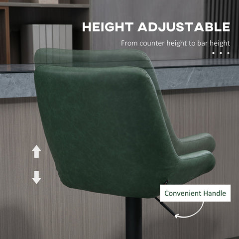 Adjustable-height green faux leather upholstered bar stools with handle for easy height adjustment by homcom