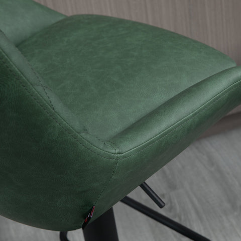 Green faux leather bar stools set of 2 with adjustable swivel seat and black metal base for kitchen or bar use