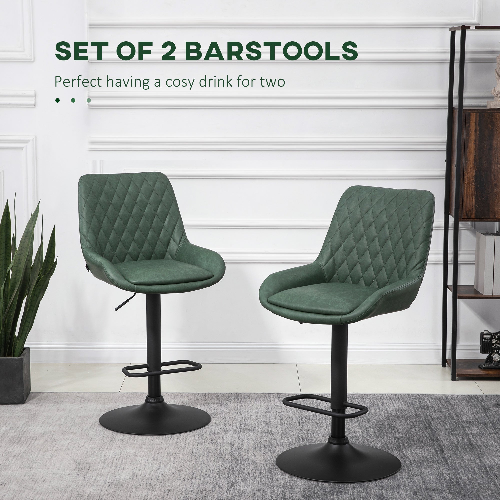 Set of two dark green quilted faux leather bar stools with black metal bases and swivel seats by homcom