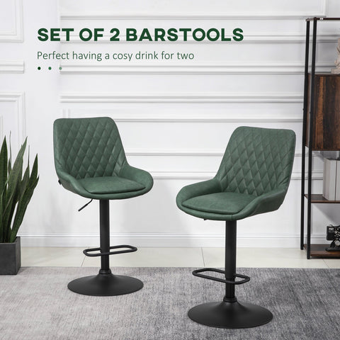 Set of two dark green quilted faux leather bar stools with black metal bases and swivel seats by homcom