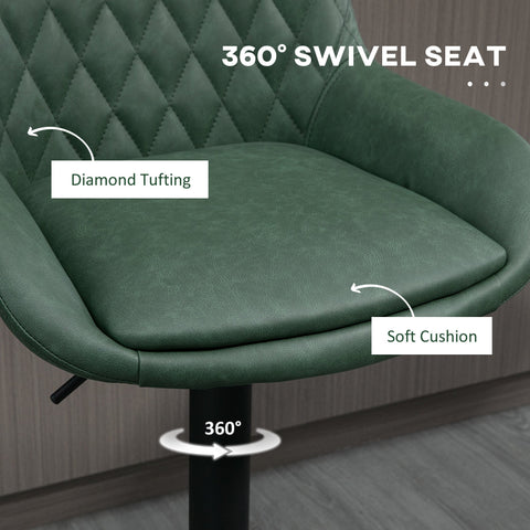 Dark green diamond tufted swivel office chair with soft cushion and black base in faux leather upholstery