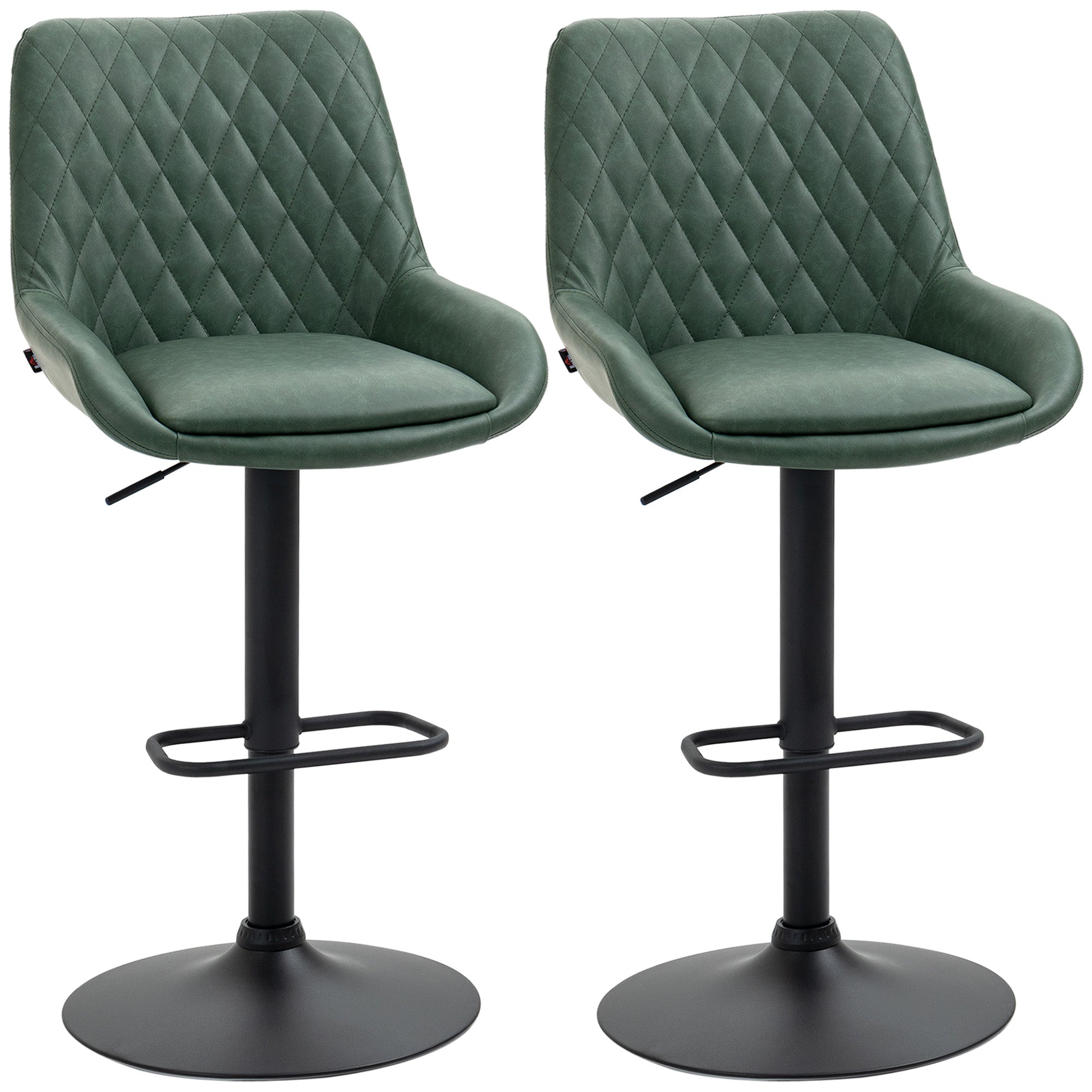 Pair of dark green HOMCOM retro bar stools with faux leather upholstery and black metal bases, adjustable swivel seats