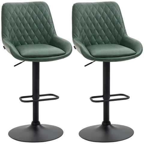 Pair of dark green HOMCOM retro bar stools with faux leather upholstery and black metal bases, adjustable swivel seats