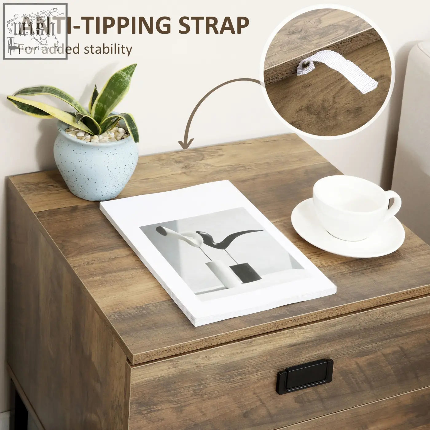 Brown wooden HOMCOM retro bedside table with faded wood effect, black drawer pull, and anti-tipping strap for stability