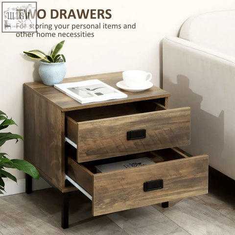 Rustic wooden bedside table with two drawers black metal handles and faded wood effect for bedroom or living room use