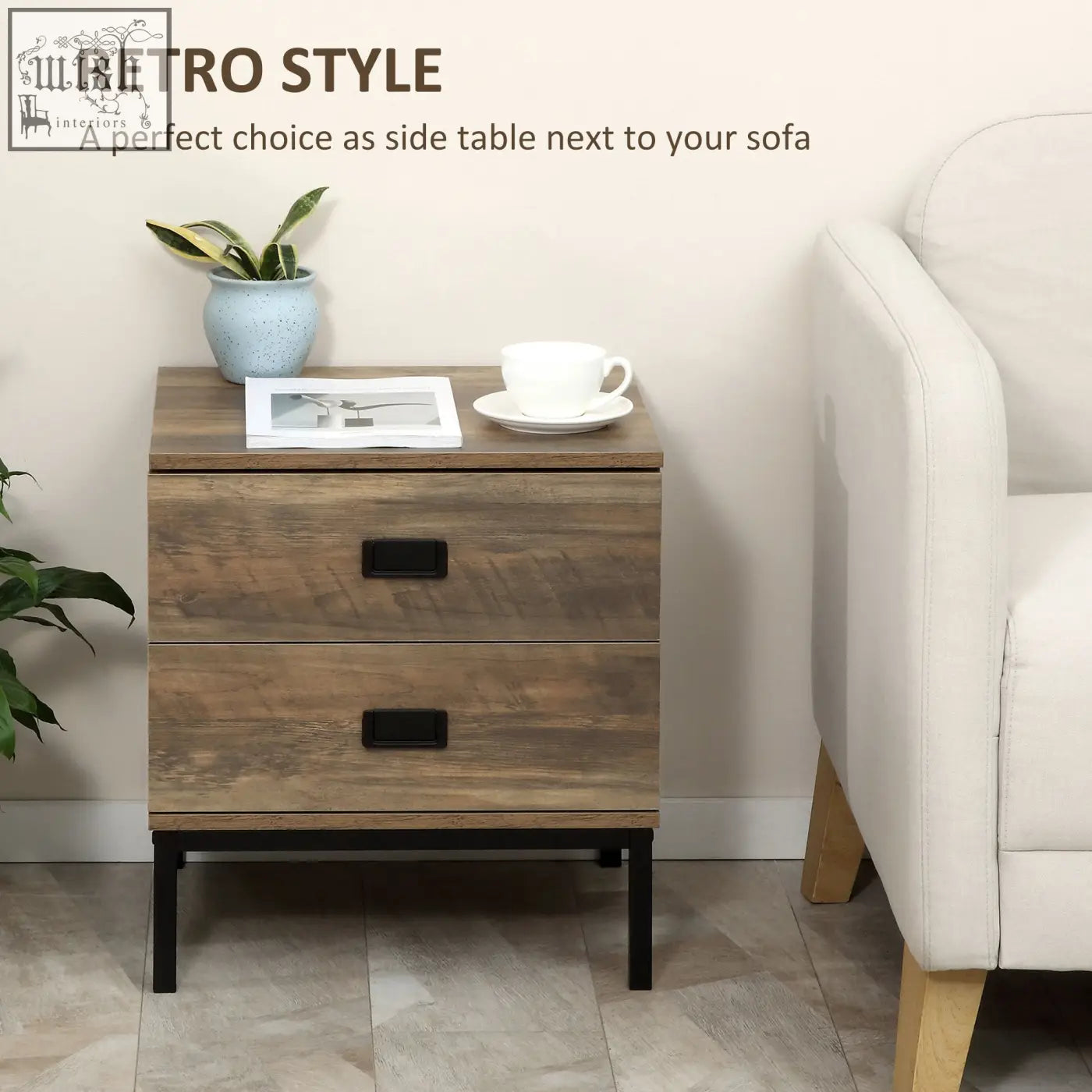 Homcom retro bedside table with faded wood effect, two drawers, and black metal legs for bedroom or living room use