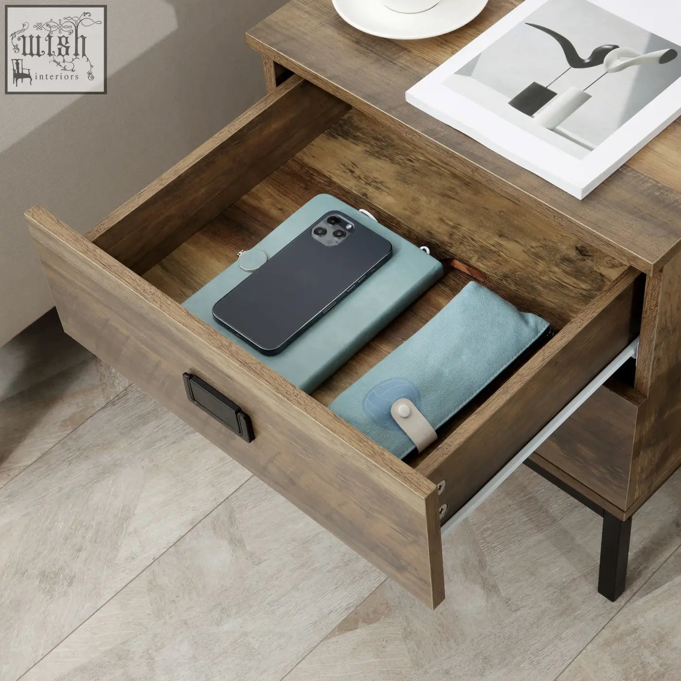 Rustic homcom bedside table with faded wood effect dark brown wood grain and black metal handles with open drawer