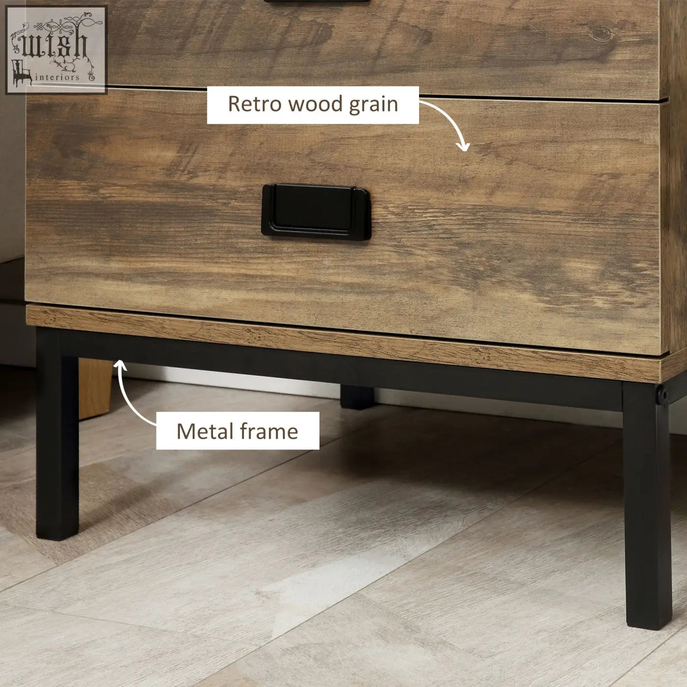 Homcom retro bedside table with two drawers and faded wood effect finish on black metal legs for bedroom use