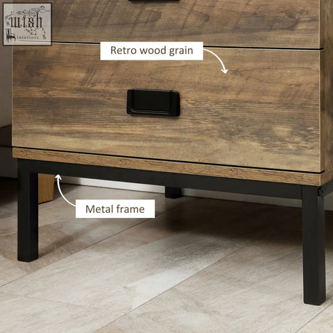 Homcom retro bedside table with two drawers and faded wood effect finish on black metal legs for bedroom use