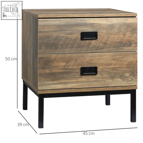 Rustic homcom bedside table with two drawers, faded wood effect finish, and black metal legs for bedroom or living room use