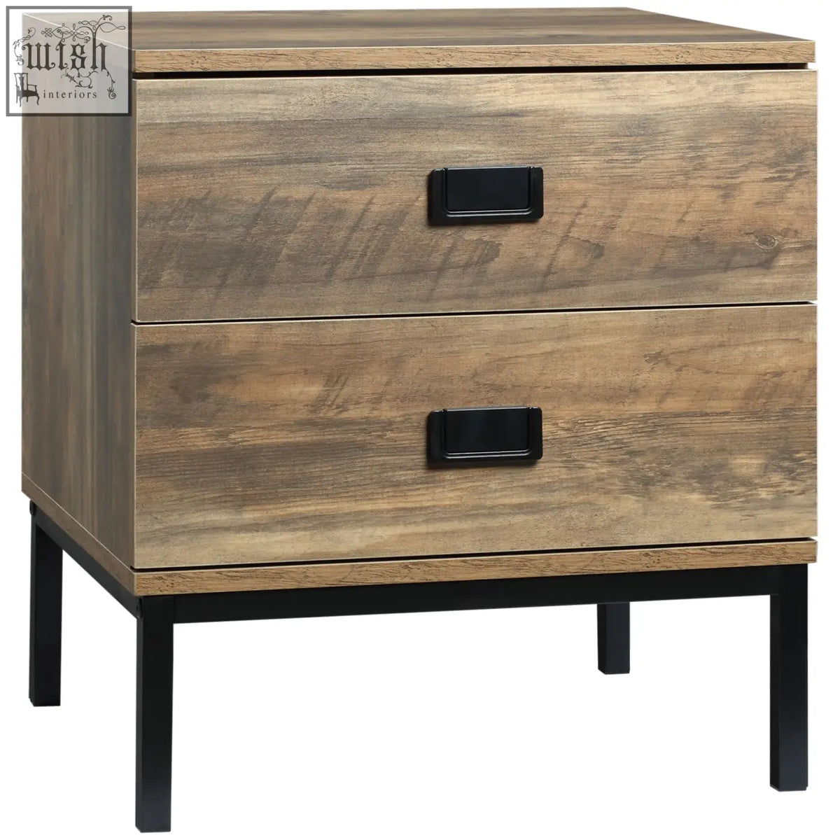 Rustic HOMCOM retro bedside table with faded wood effect, 2 drawers, and black metal legs for bedroom or living room