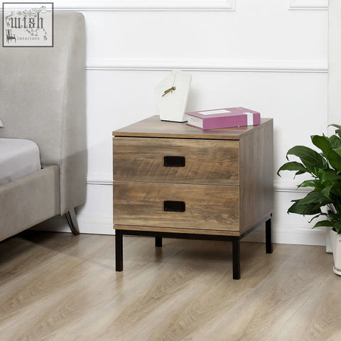 Modern wooden bedside table with faded wood effect, black metal legs and handles, two drawers for bedroom or living room