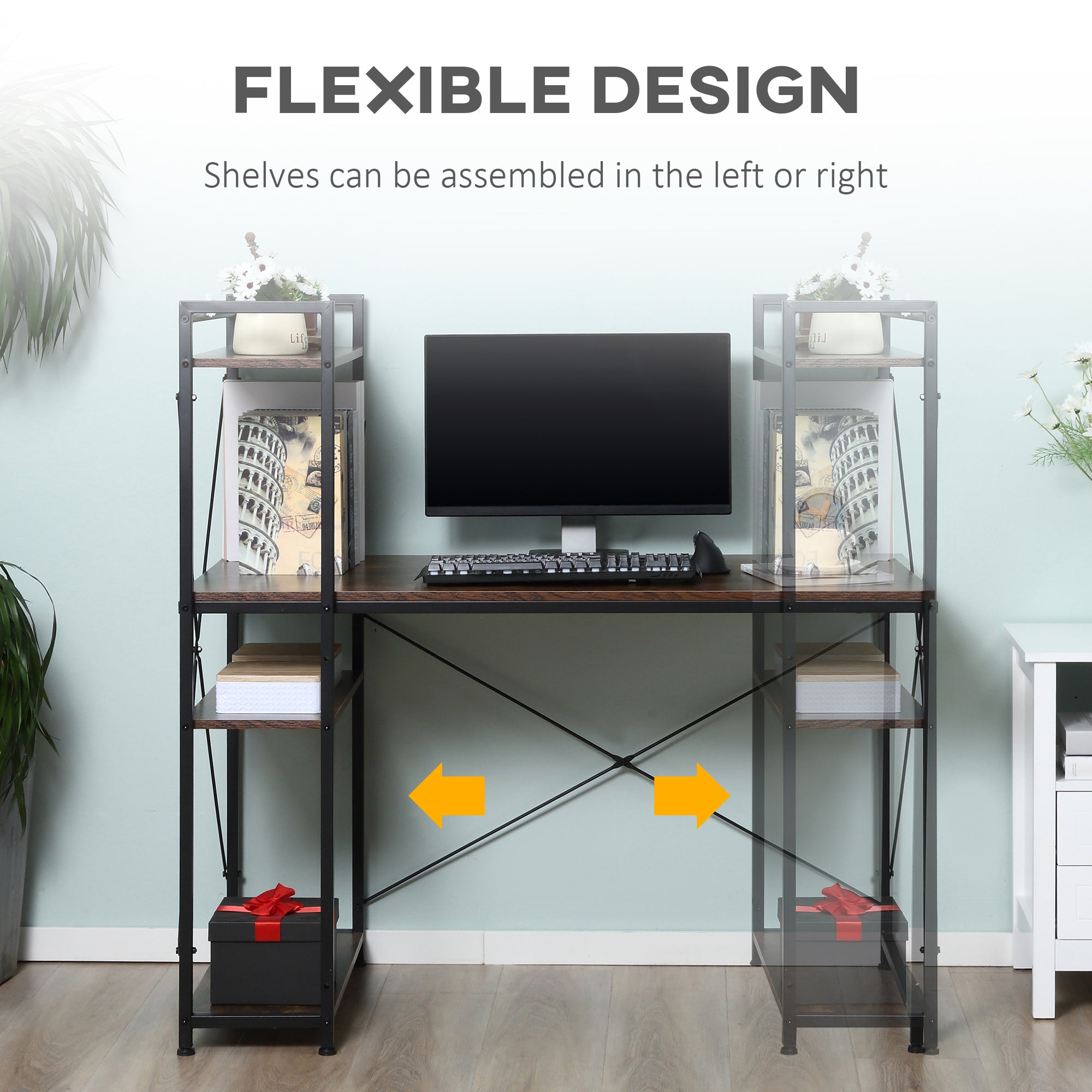 Black metal and wood reversible writing desk with flexible 4-tier bookshelf for home office in rustic brown and black