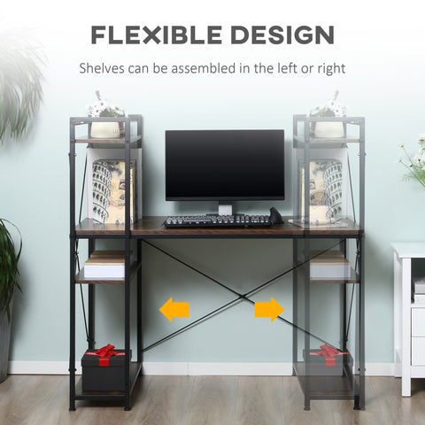 Black metal and wood reversible writing desk with flexible 4-tier bookshelf for home office in rustic brown and black