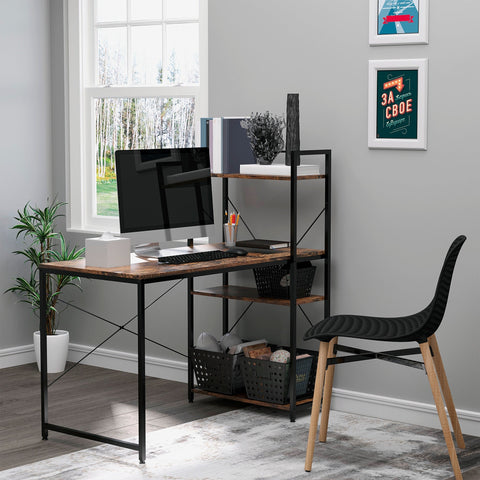 Black metal and wood rustic home office writing desk with reversible 4-tier bookshelf on left or right side