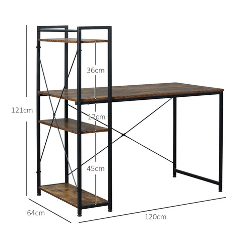Industrial style writing desk with dark wood top black metal frame reversible with 4 tier bookshelf for home office