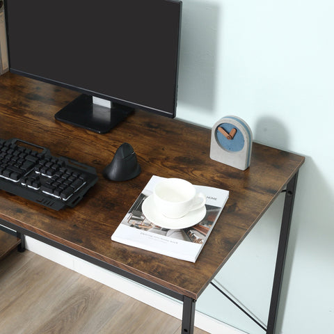 A sleek dark brown wooden writing desk with black metal legs and a 4-tier bookshelf for home office use