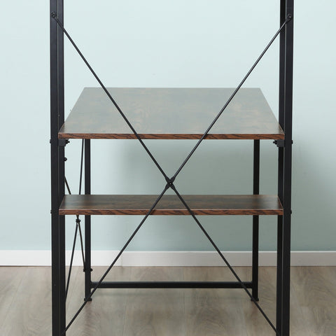 Black metal frame writing desk with two wooden shelves and diagonal cross-bracing for home office or 4-tier bookshelf use