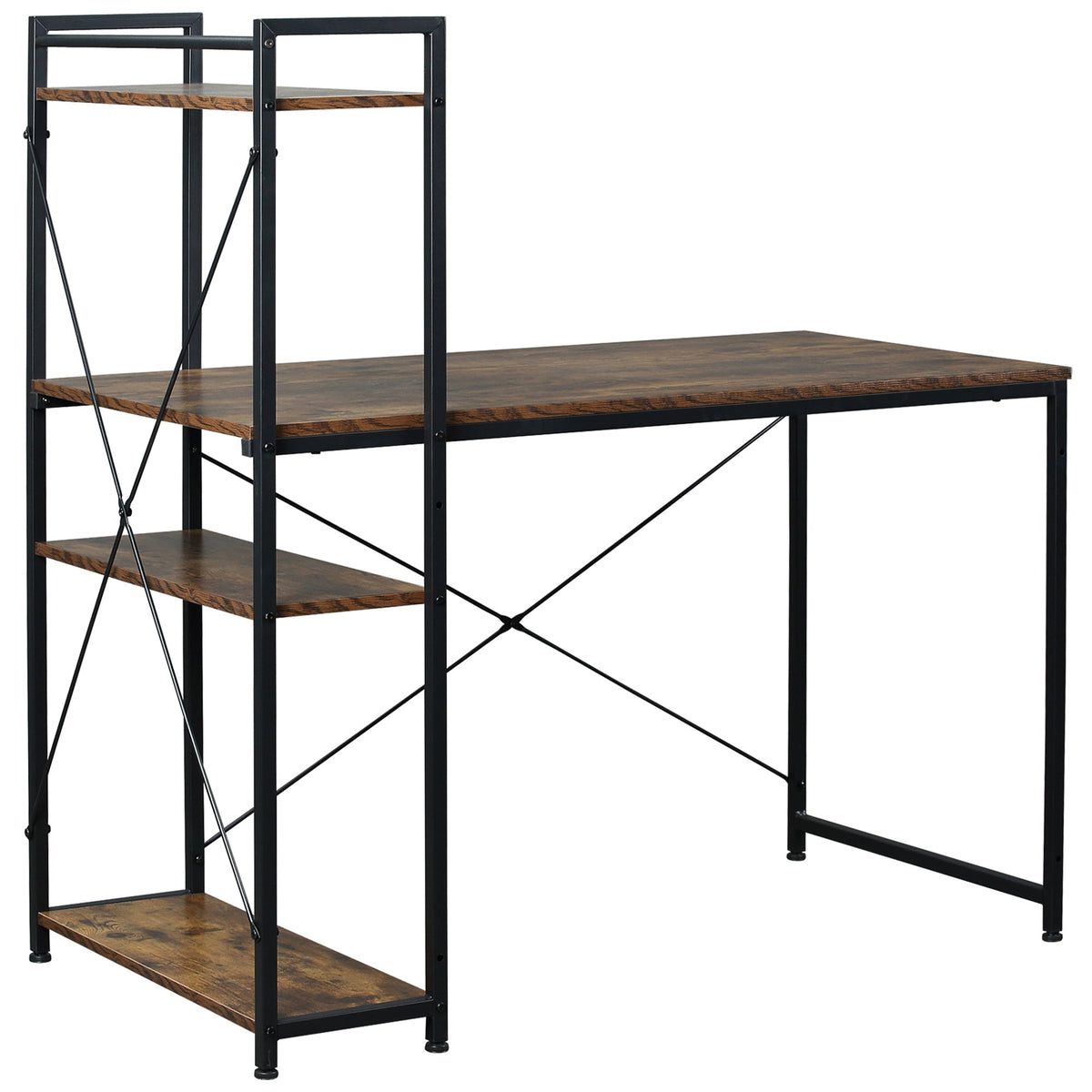 Industrial style home office writing desk with dark brown wood top black metal frame and 4 tier bookshelf storage shelves
