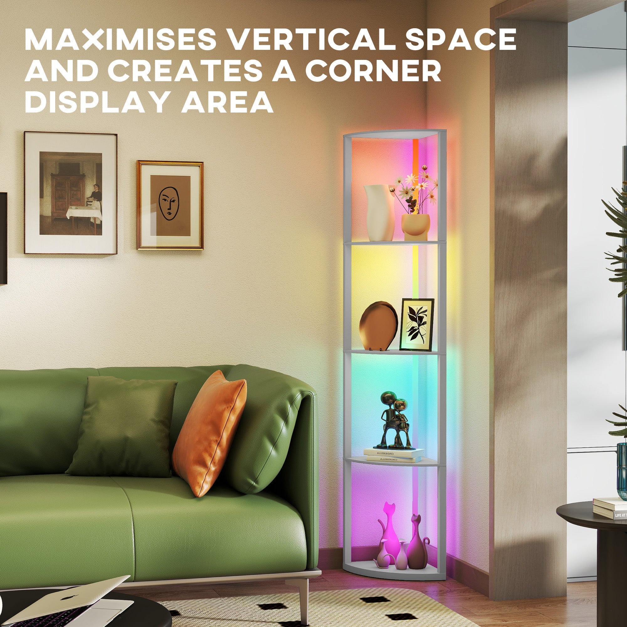 Sleek grey homcom rgb led floor lamp with shelves and remote control casting rainbow light in a living room corner