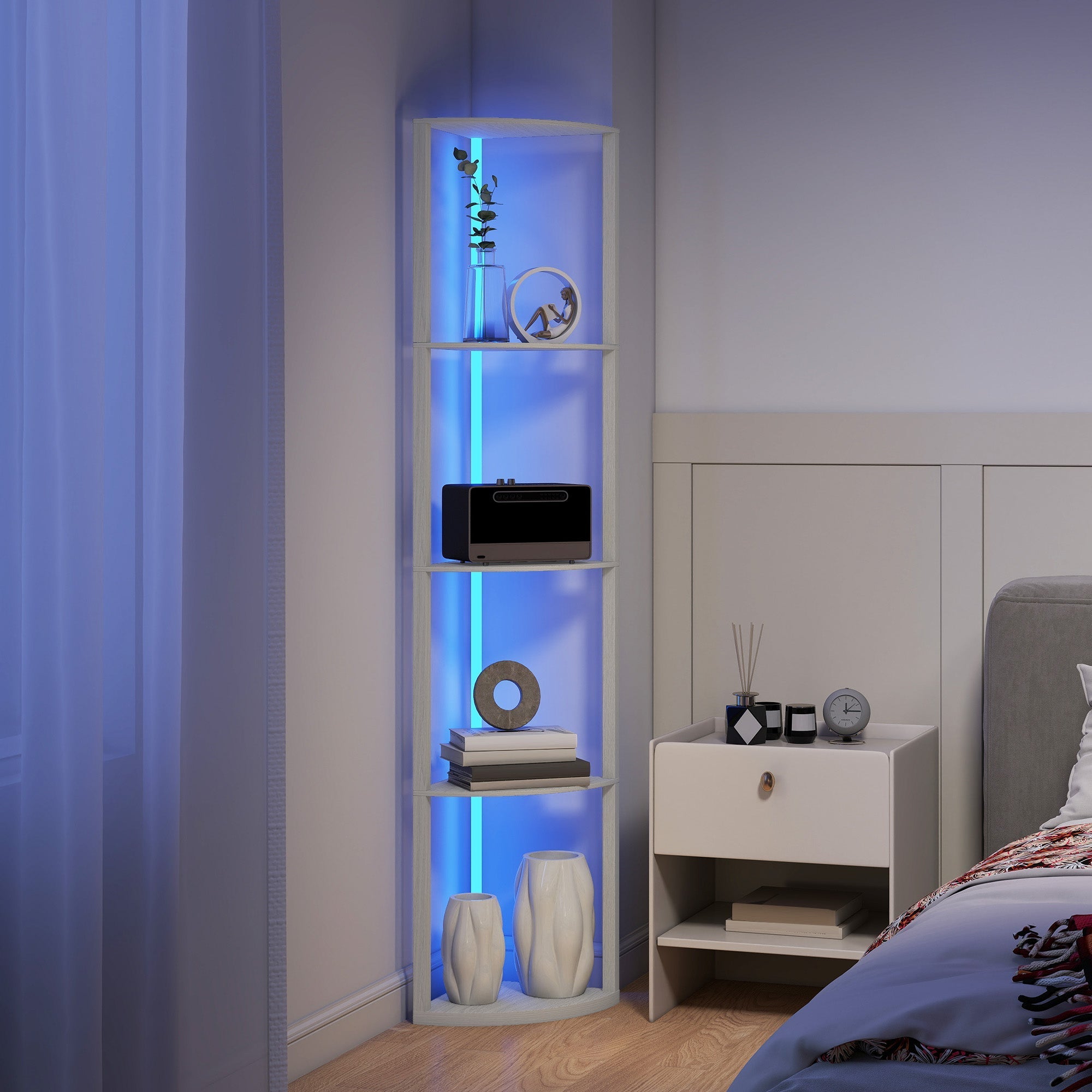 White corner shelf floor lamp with blue led lighting and remote control for living room oak modern design