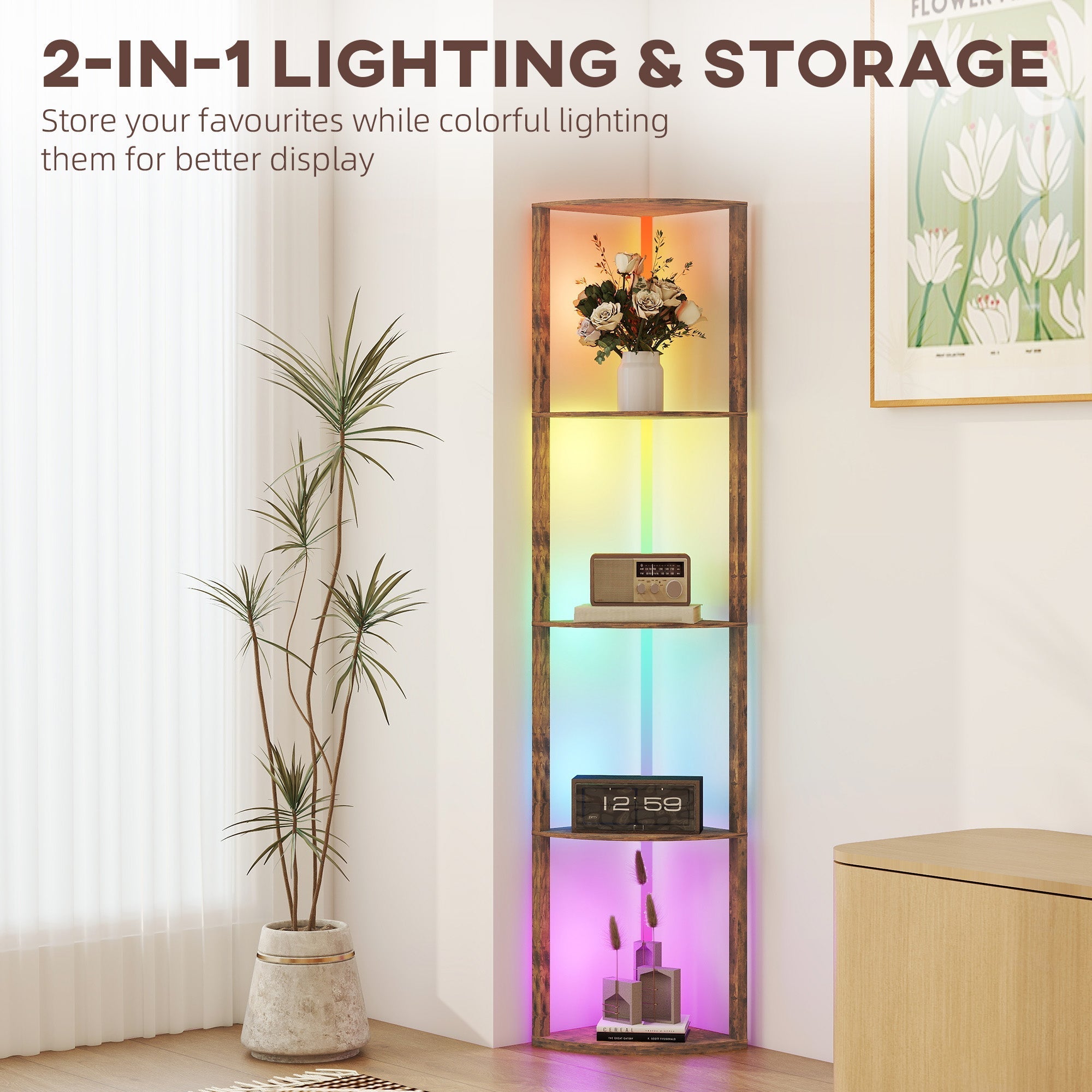Rustic brown wooden floor lamp with rgb led lighting, remote control, and five shelves for living room decor