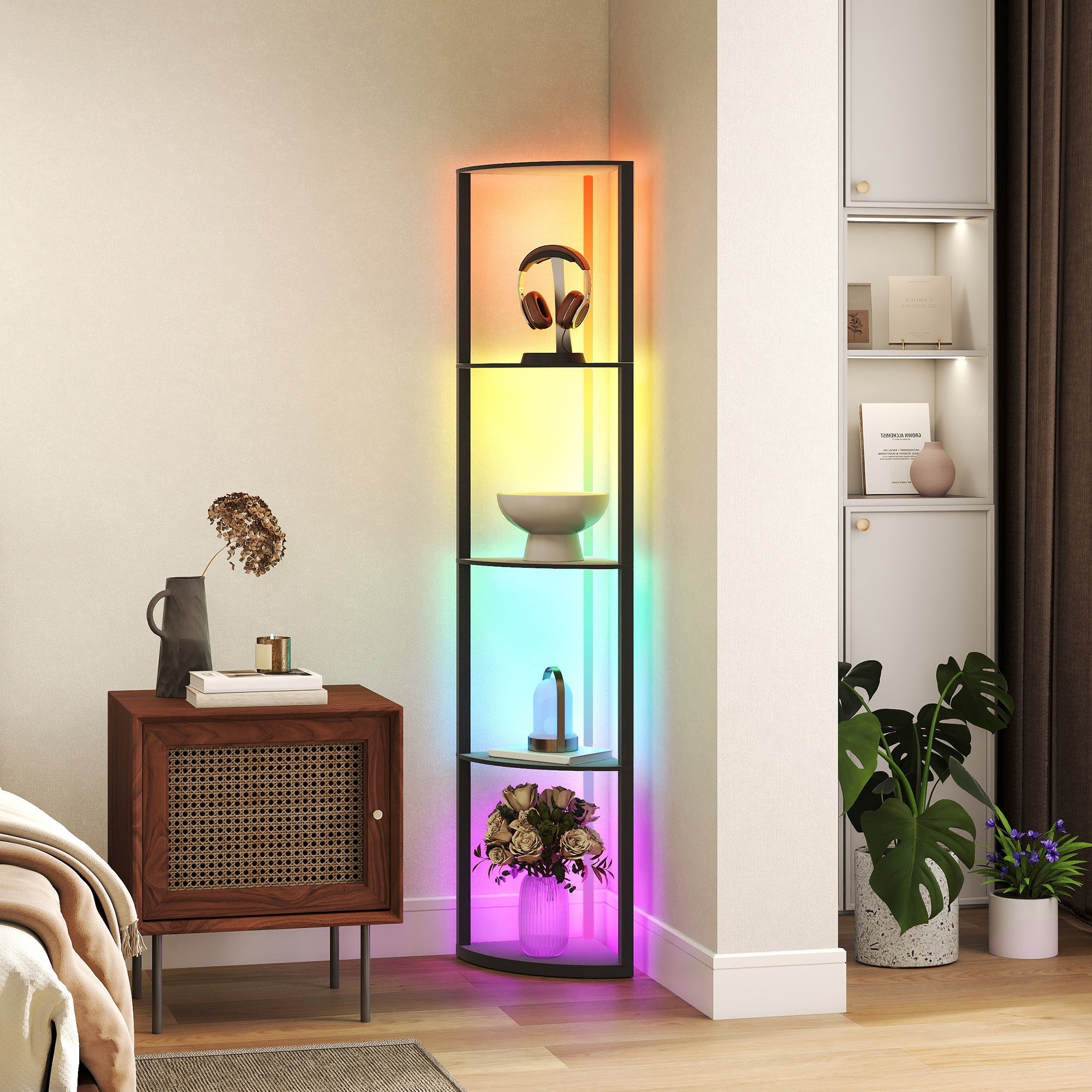 Modern black floor lamp with glass shelves and rainbow rgb led lights remote control ideal for living room decor