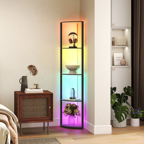 Modern black floor lamp with glass shelves and rainbow rgb led lights remote control ideal for living room decor