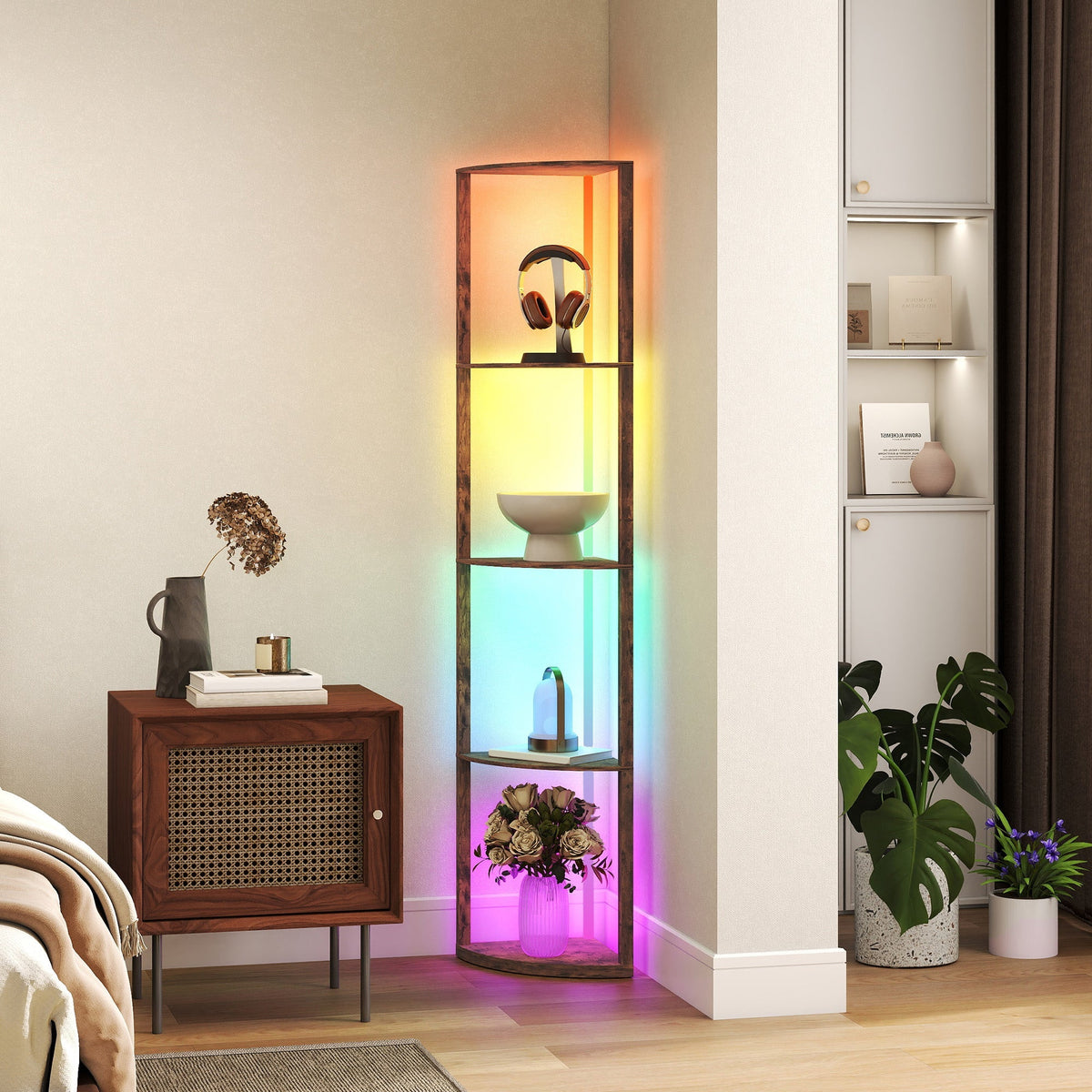 Corner shelf floor lamp with wooden frame glass shelves and rainbow led lights remote control for living room