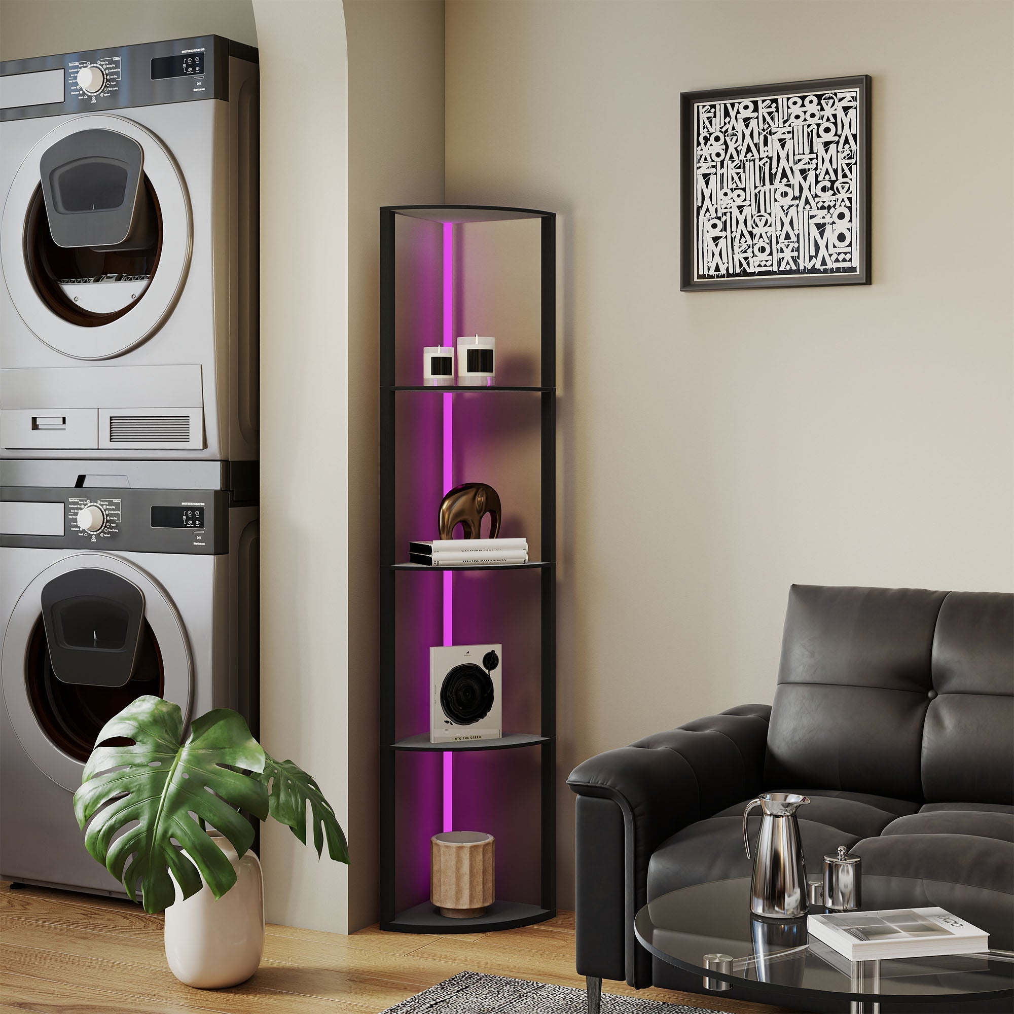 Black homcom floor lamp with glass shelves purple led lighting remote control and max load for living room use