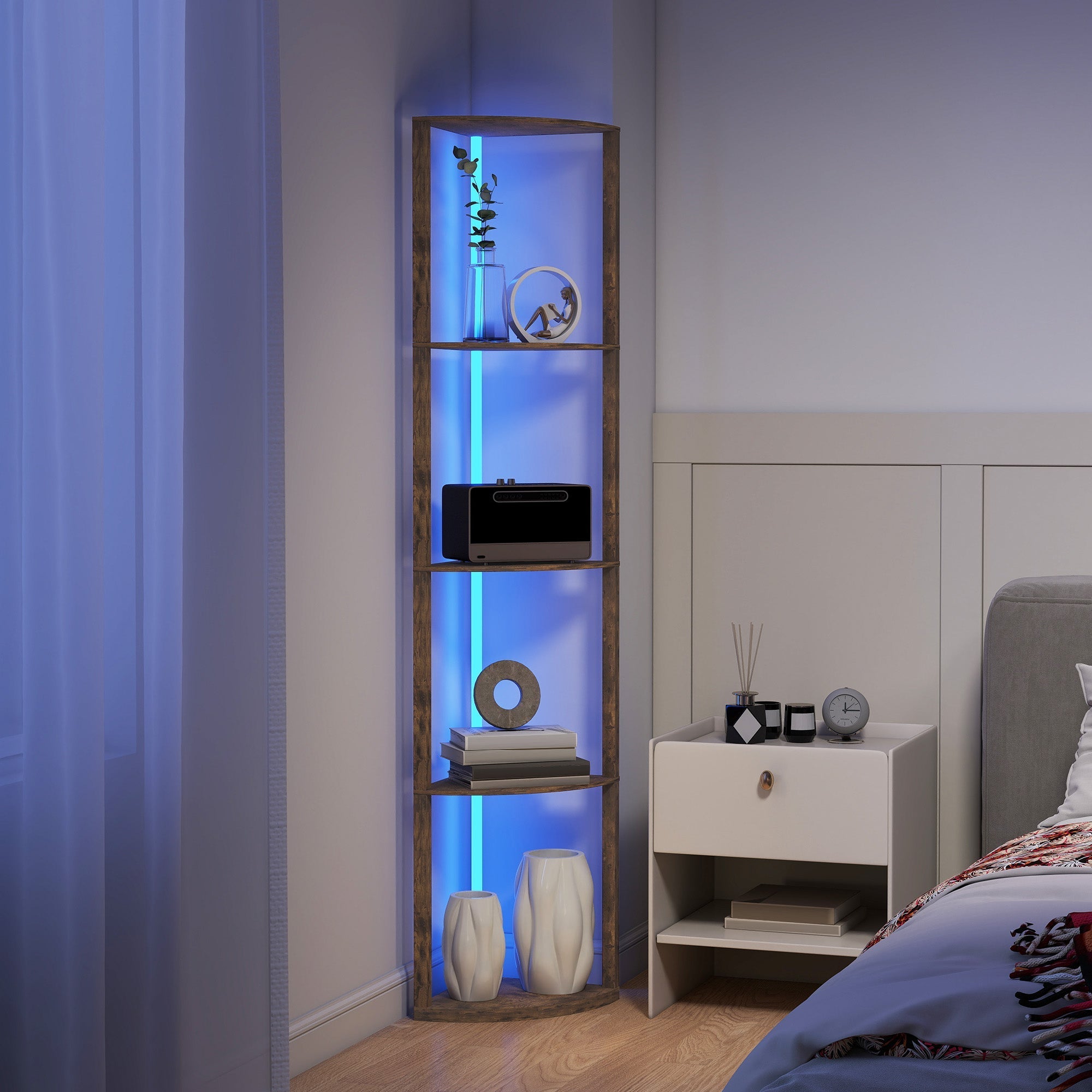 Modern rustic brown homcom floor lamp with shelves features blue led lighting and remote control for living room use