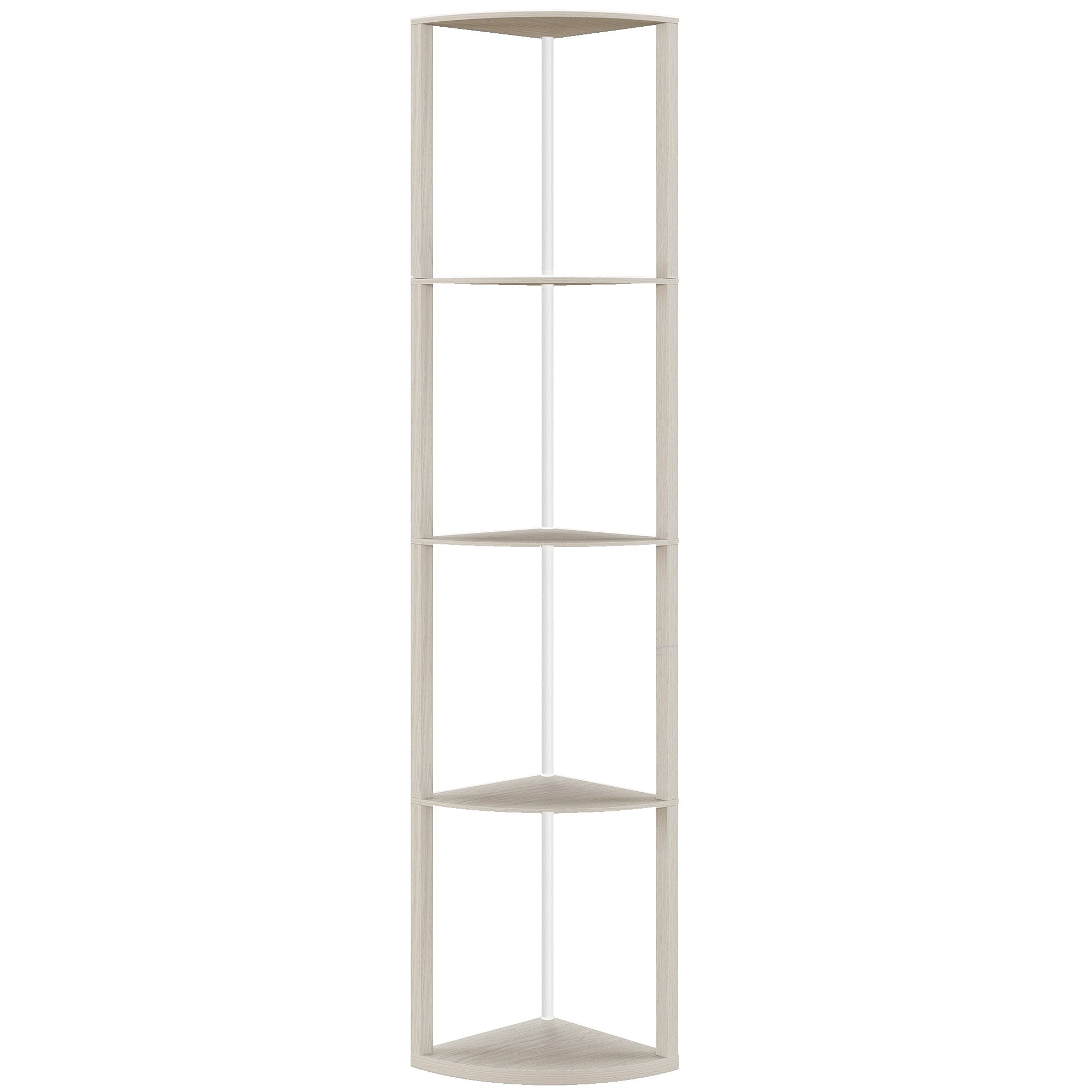 White corner shelf with four angled shelves and minimalist design in an oak rgb led floor lamp with remote control for living room