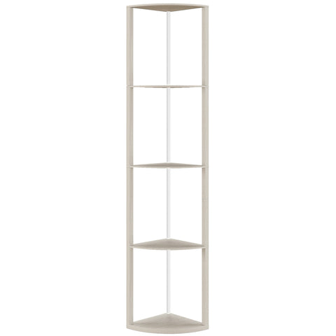 White corner shelf with four angled shelves and minimalist design in an oak rgb led floor lamp with remote control for living room