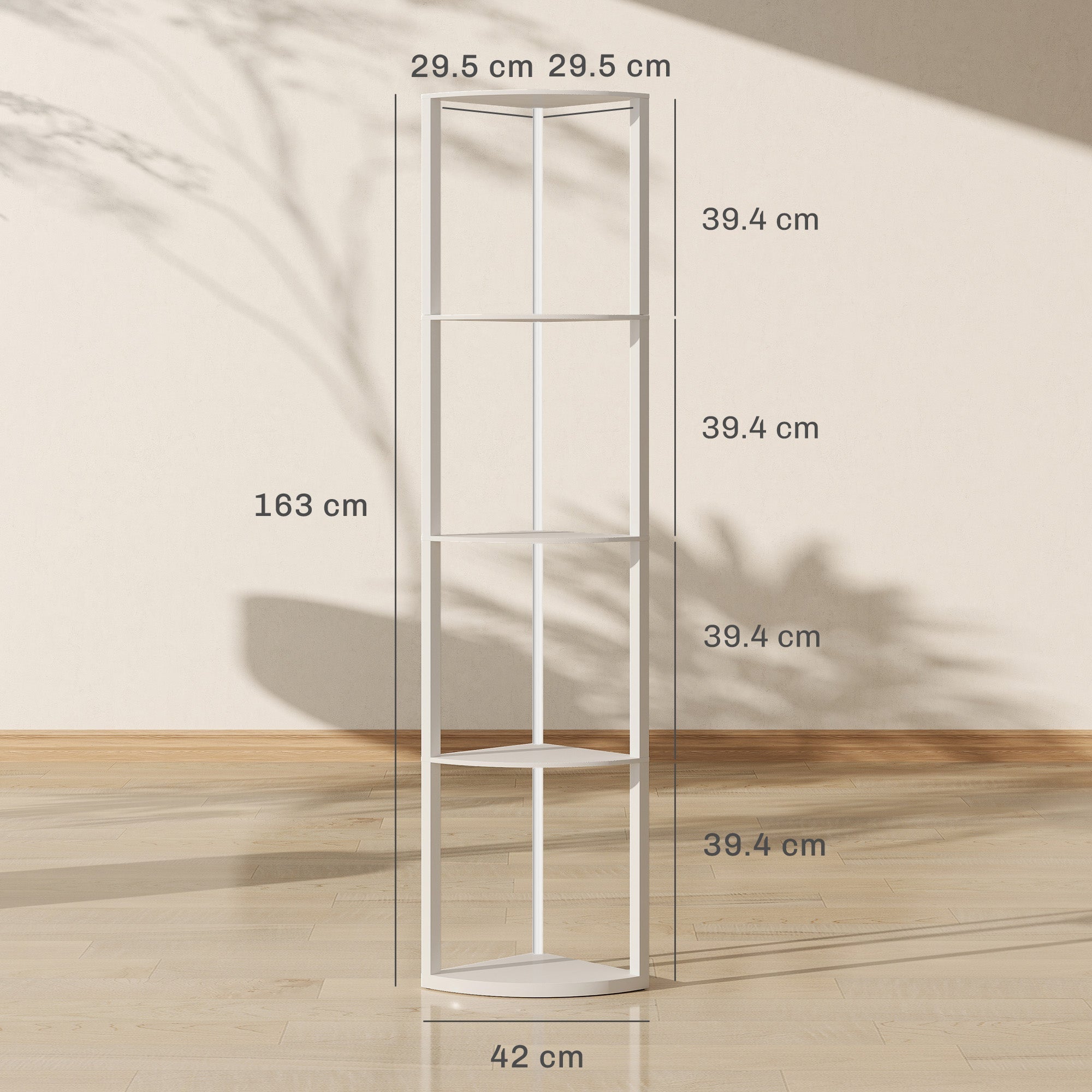 White metal corner floor lamp with four shelves and remote control perfect for living room use