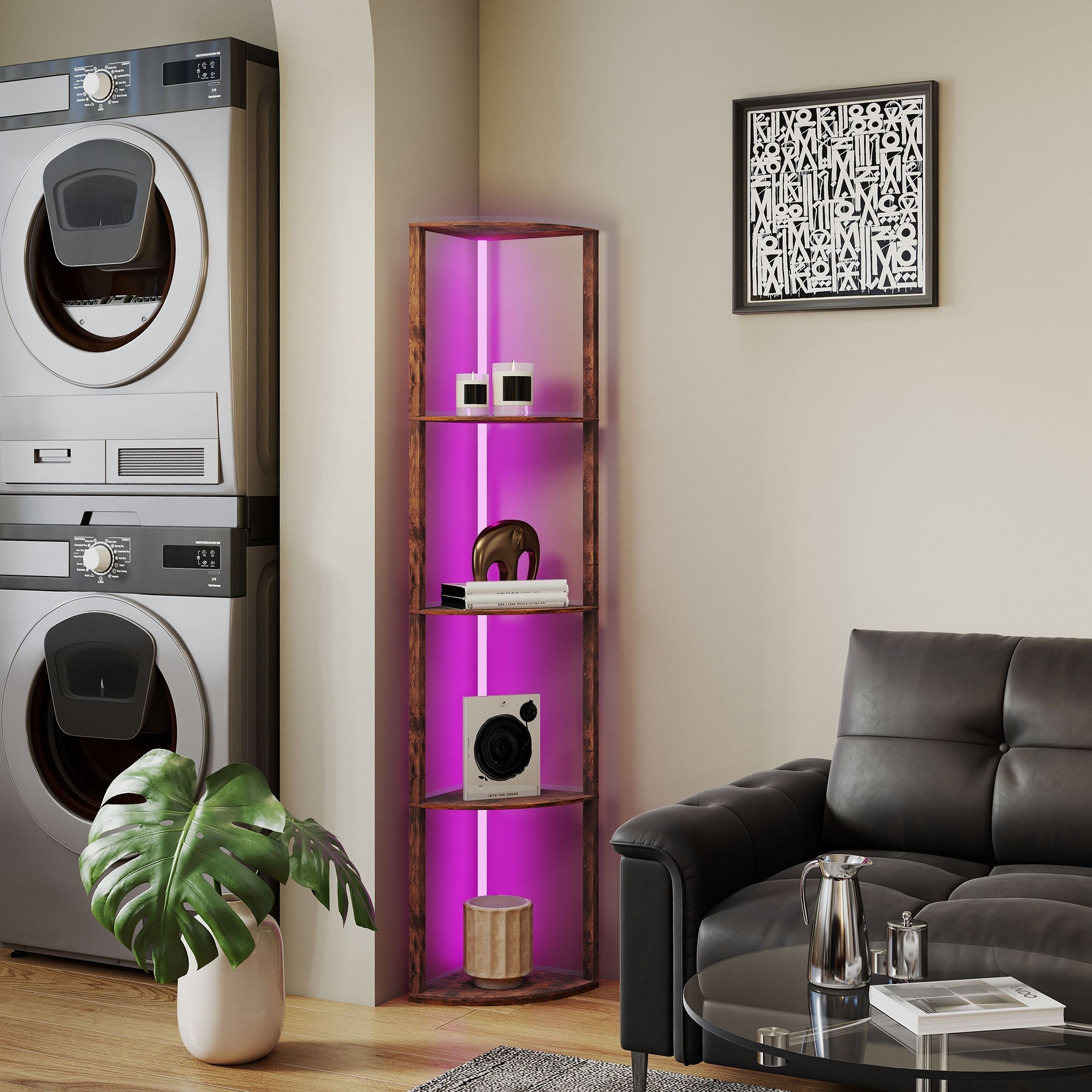 Homcom rgb led floor lamp with shelves in rustic brown wood finish and purple lighting for living room with remote control