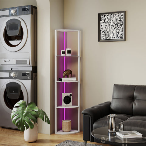 White corner floor lamp with purple led lighting remote control and 5-tier shelves for living room display and storage