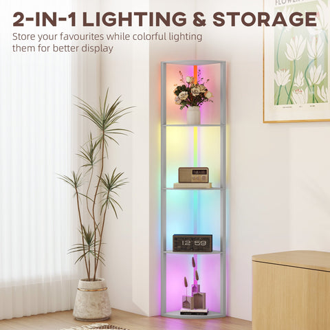 Silver corner floor lamp with rgb led multi-colored lighting, four grey adjustable shelves, remote control, max load use