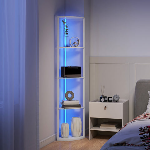 White corner floor lamp with blue led lighting, 5-tier shelves, remote control, and max load for living room display