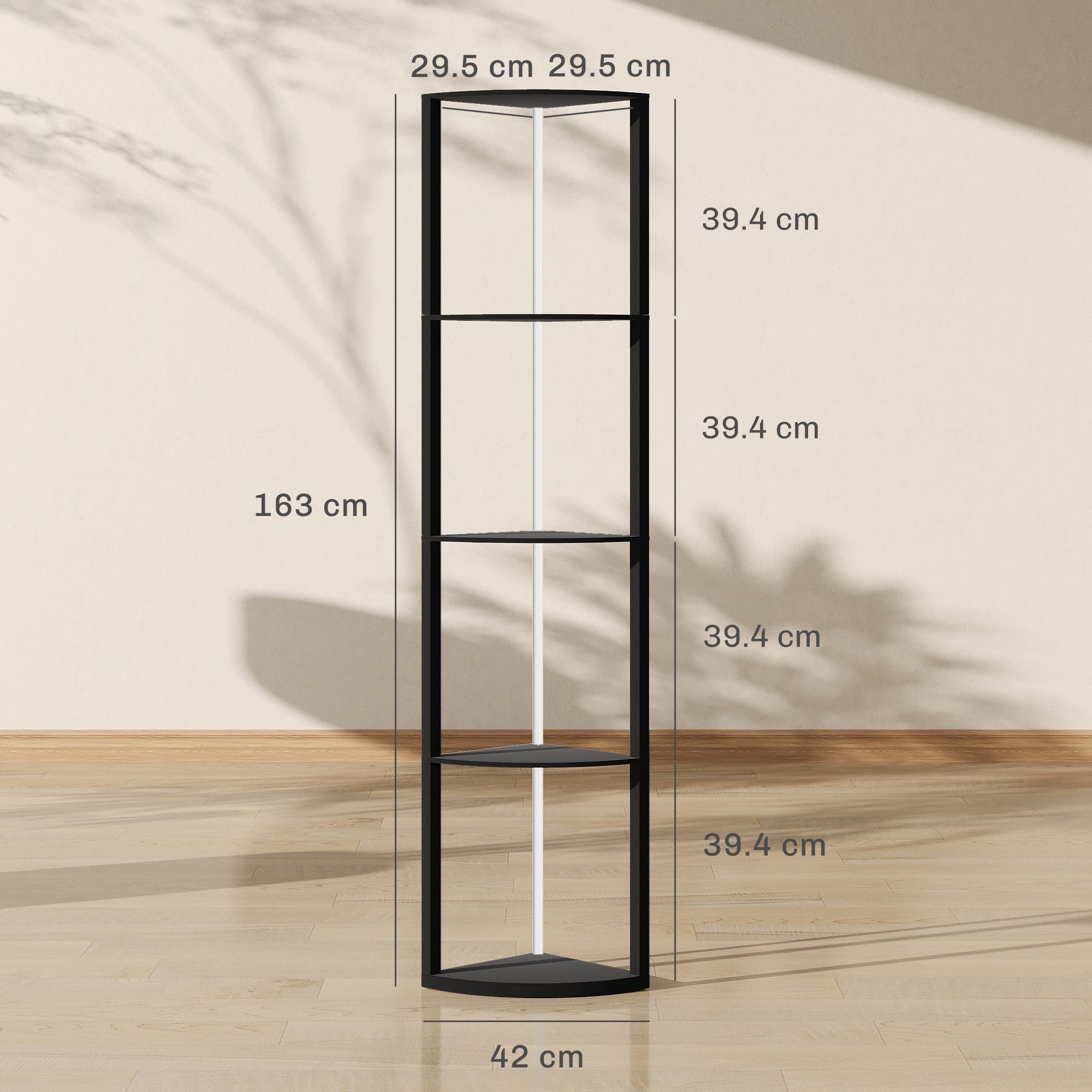 Black metal floor lamp corner shelf with four tiers and remote control ideal for living room display and lighting