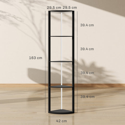 Black metal floor lamp corner shelf with four tiers and remote control ideal for living room display and lighting
